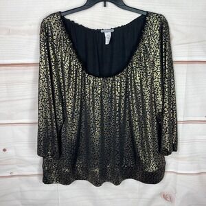 Bleeker & McDougal Top Womens 3 Black Gold Leopard Print Blouse Scoop Neck Knit